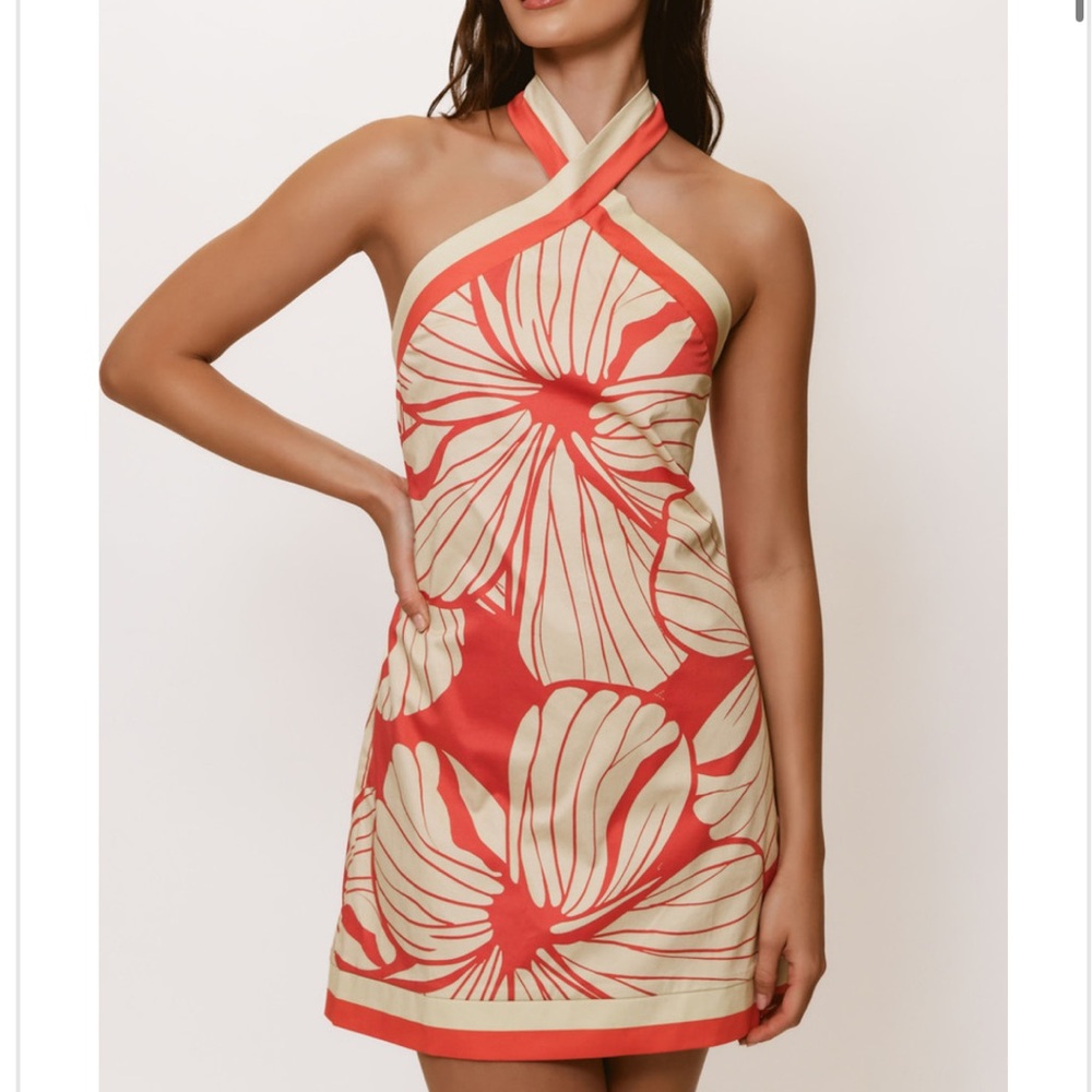 Floral Halter Neck Dress - Orange and Cream